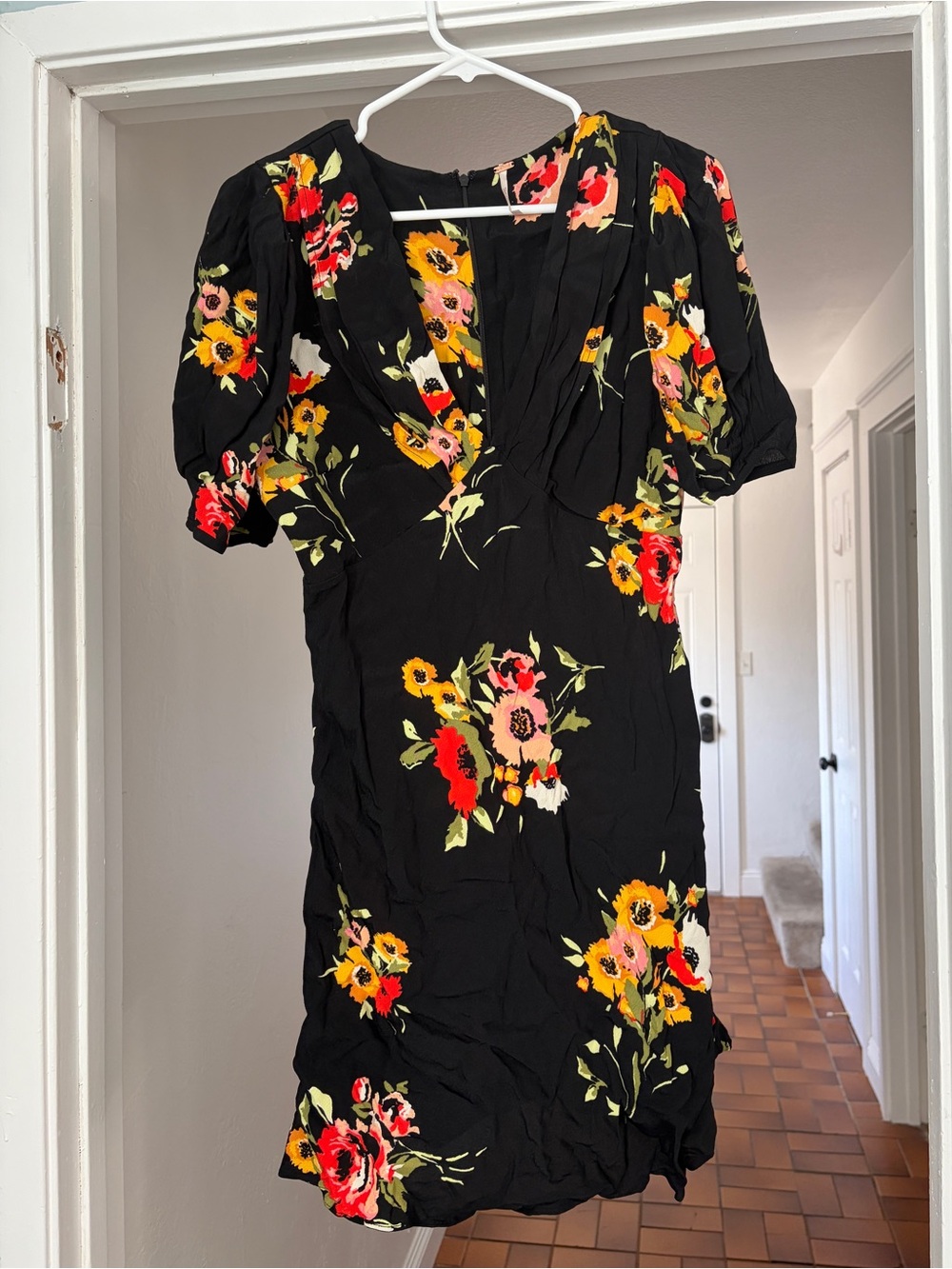 Free People Black Floral Deep V Puff Sleeve Midi Dress Size 6